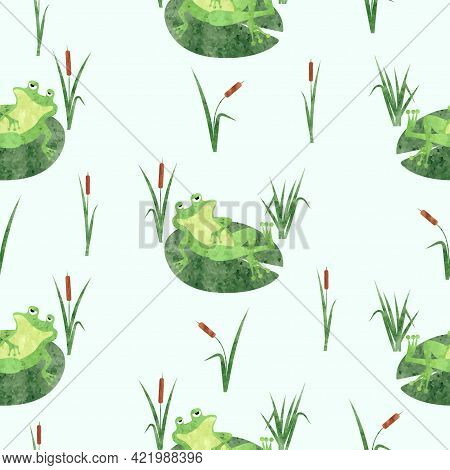 Funny Frog Pattern. Seamless Vector Marsh Background With Toad On Lily Pad.