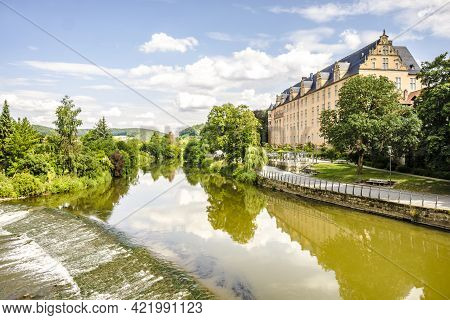 View From Old Bridge To The River Werra In Hannoversch Muenden, Germany