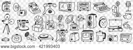 Retro And Modern Technical Appliances Doodle Set. Collection Of Hand Drawn Various Telephone Teapot 