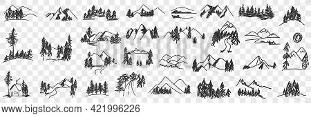 Mountains Valley Landscapes Doodle Set. Collection Of Hand Drawn Various Sceneries And Views Of Natu