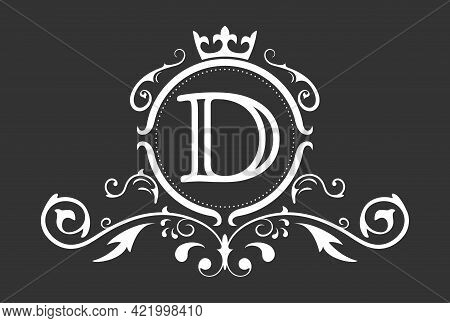 Stylized Letter D Of The Latin Alphabet. Monogram Template With Ornament And Crown For Design Of Ial