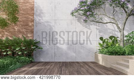 Empty Exterior Concrete Wall With Tropical Style Garden 3d Render,decorate With Tropical Style Tree 