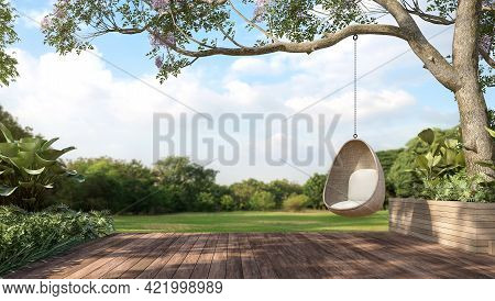 Old Wooden Terrace With Wicker Swing Hang On The Tree With Blurry Nature Background 3d Render.