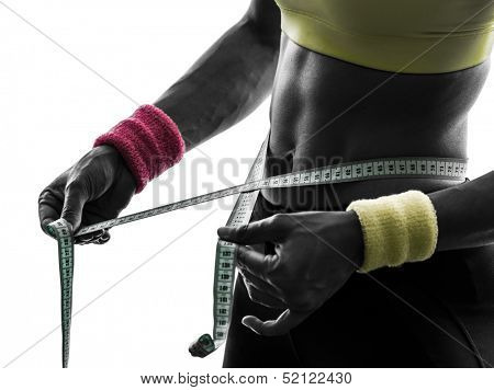 close up  one  woman exercising fitness measuring with tape measure in silhouette  on white background