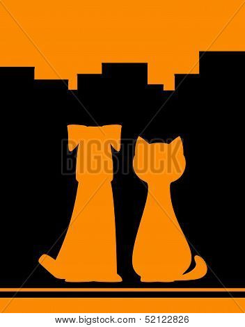urban background with dog and cat