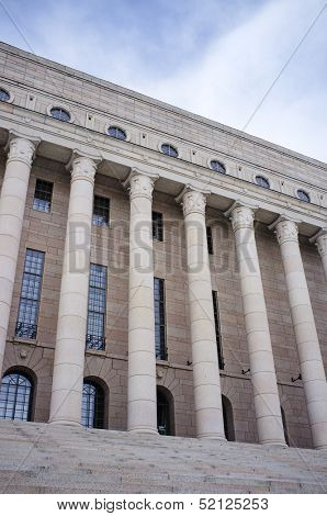 Detail of Finnish Parliament house. The unicameral parliament has 200 members and meets in the Parliament House in Helsinki. 
