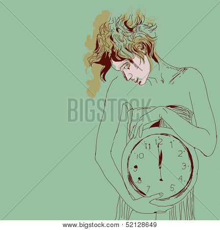 Conceptual portrait of woman with big clock. Vector illustration. 