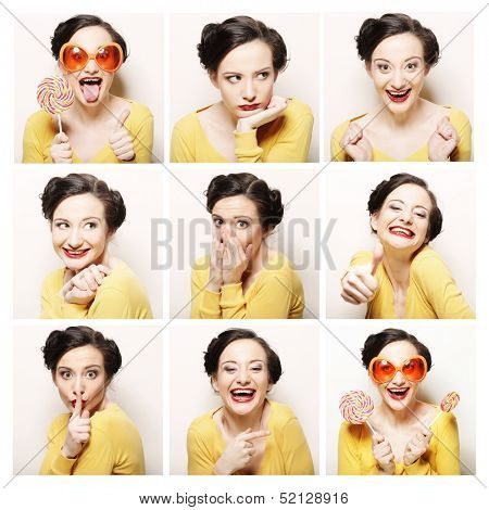 Collage of the same woman making diferent expressions.