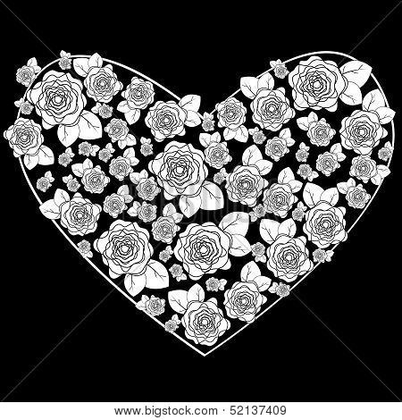 heart is decorated by the flowers of white color on a black background
