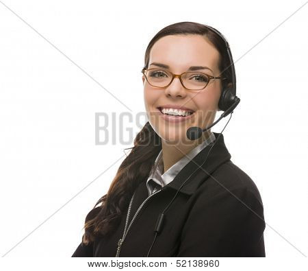 Helpful Mixed Race Receptionist Wearing Phone Head-set Isolated on White Background.