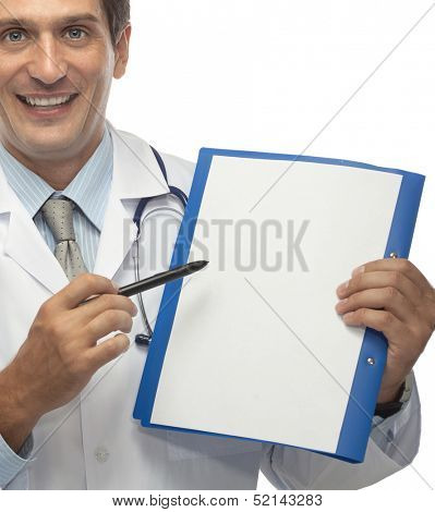 young caucasian man  doctor in uniform isolated on white toothy smile stethoscope