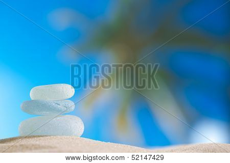 sea glass seaglass with ocean , beach and palmtree seascape, shallow dof