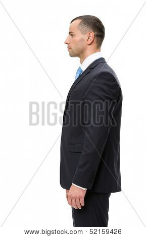 Half-length profile of business man, isolated on white. Concept of leadership and success