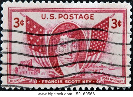 United States Of America- Circa 1948: Stamp Printed By Usa, Shows Francis Scott Key, Circa 1948