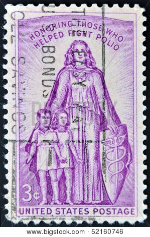 A stamp printed in the USA shows Honoring Those who helped fight polio