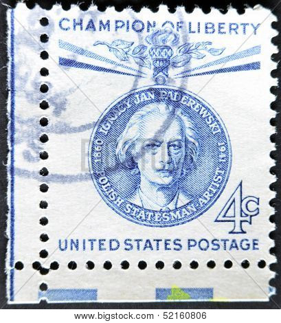 A stamp printed in the USA shows Bust of Ignacy Jan Paderewski on Medal Champion of Liberty
