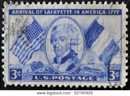 A stamp printed in USA shows arrival of Lafayette in America - 1777