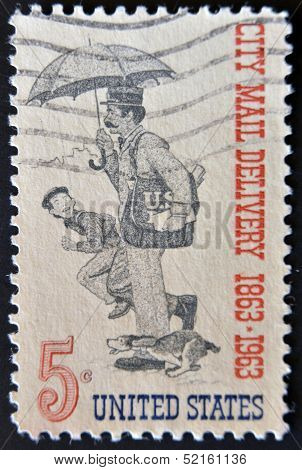 stamp printed in the USA shows Letter Carrier