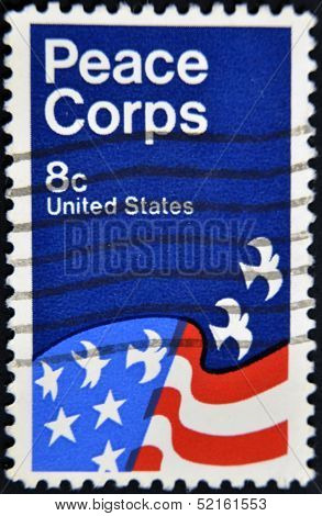 United States - Circa 1971: Stamp Printed In Usa Shows American Flag, Peace Corps Poster, Circa 1971