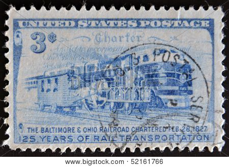 A stamp printed in the USA dedicated to 125 years of rail transportation