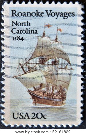 Usa - Circa 1984 : A Stamp Printed In The Usa Shows Roanoke Voyages North Carolina 1584, Circa 1984