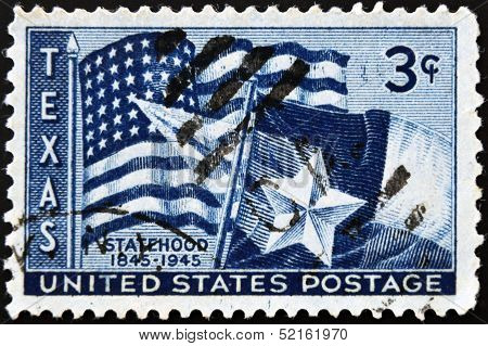 Stamp Depicting Us Flag And Texas Flag, With Inscription 