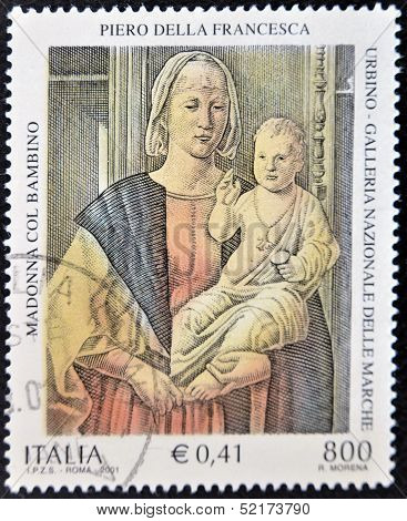 Italy - Circa 2001: A Stamp Printed In Italy Shows The Virgin And Child By Piero Della Francesca