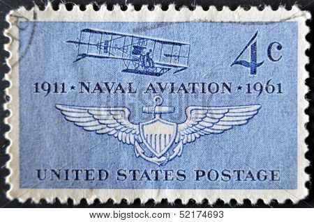 United States - Circa 1961: Stamp Printed In Usa Shows Navy's First Plane  And Naval Air Wings