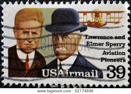 A stamp printed in USA shows Lawrence and Elmer Sperri Aviation Pioneers