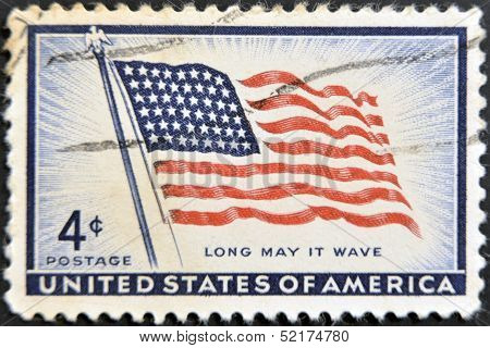 United States Of America - Circa 1957: Stamp Printed In Usa Shows  American Flag, Circa 1957