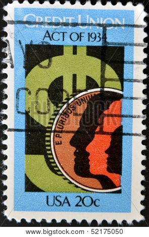 a stamp depicting money sign and people inscription 