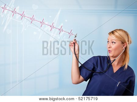 Pretty young medical doktor listening to red pulse and heart rates