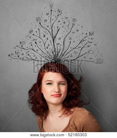 Pretty young woman thinking with tangled lines coming out of her head