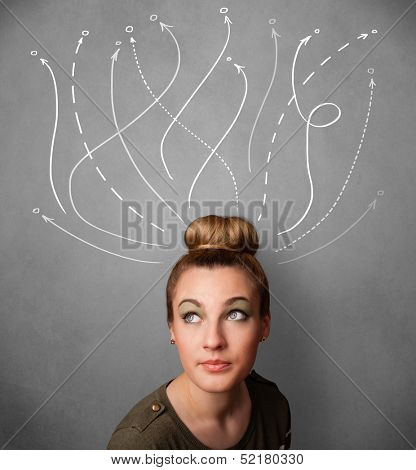 Pretty young woman thinking with arrows in different directions above her head