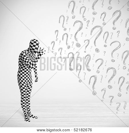 3d human character is body suit morphsuit looking at hand drawn question marks
