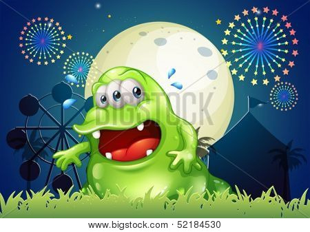 Illustration of a sweaty green monster in front of the amusement park