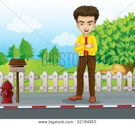 Illustration of a smiling tall businessman standing near the mailbox