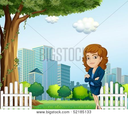 Illustration of a girl relaxing on her breaktime near the tree