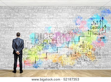 Image of businessman with suitcase. Promotion concept