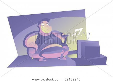 Illustration of a fat man watching TV. 