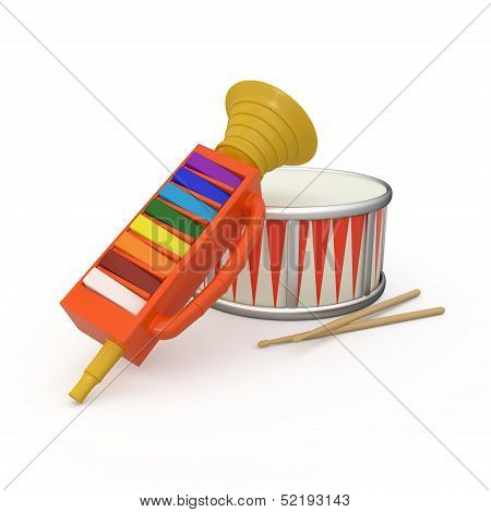 Isolated fife, drum and two drumsticks