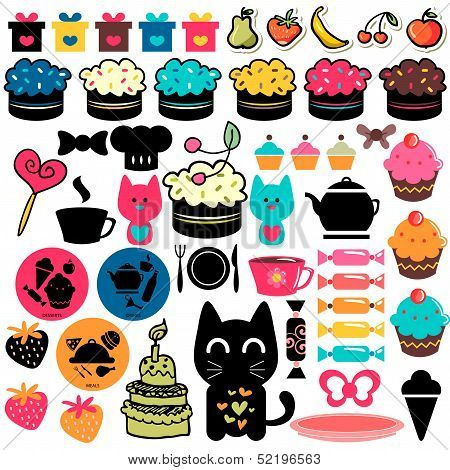 Sweet cakes and food elements set