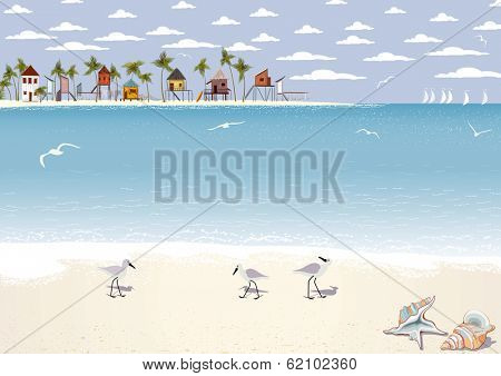 Seascape with beach bungalows on island