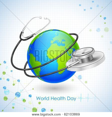 illustration of concept for World Health Day with stehescope around Earth
