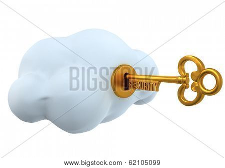Cloud hosting service security concepts: A golden key represented security to login into the cloud server, 3d illustration