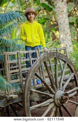Country living, portrait of lovely girl on wooden horse cart