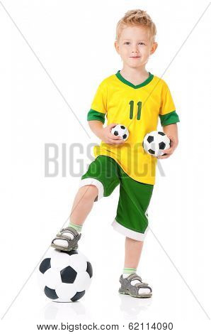 Little boy with soccer ball, isolated on white background