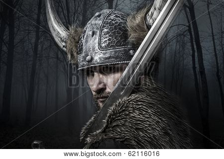 Sword, Viking warrior with helmet over vintage textured background