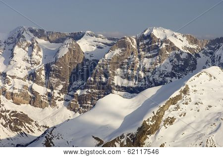 sunset view of the northern slopes of Tendenera Mountains in the Valley of Tena, Pyrenees, Huesca, Aragon, Spain