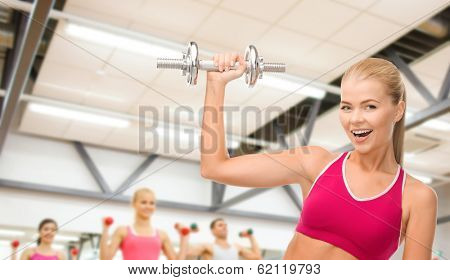fintess, healthcare and dieting concept - young sporty woman with heavy steel dumbbell